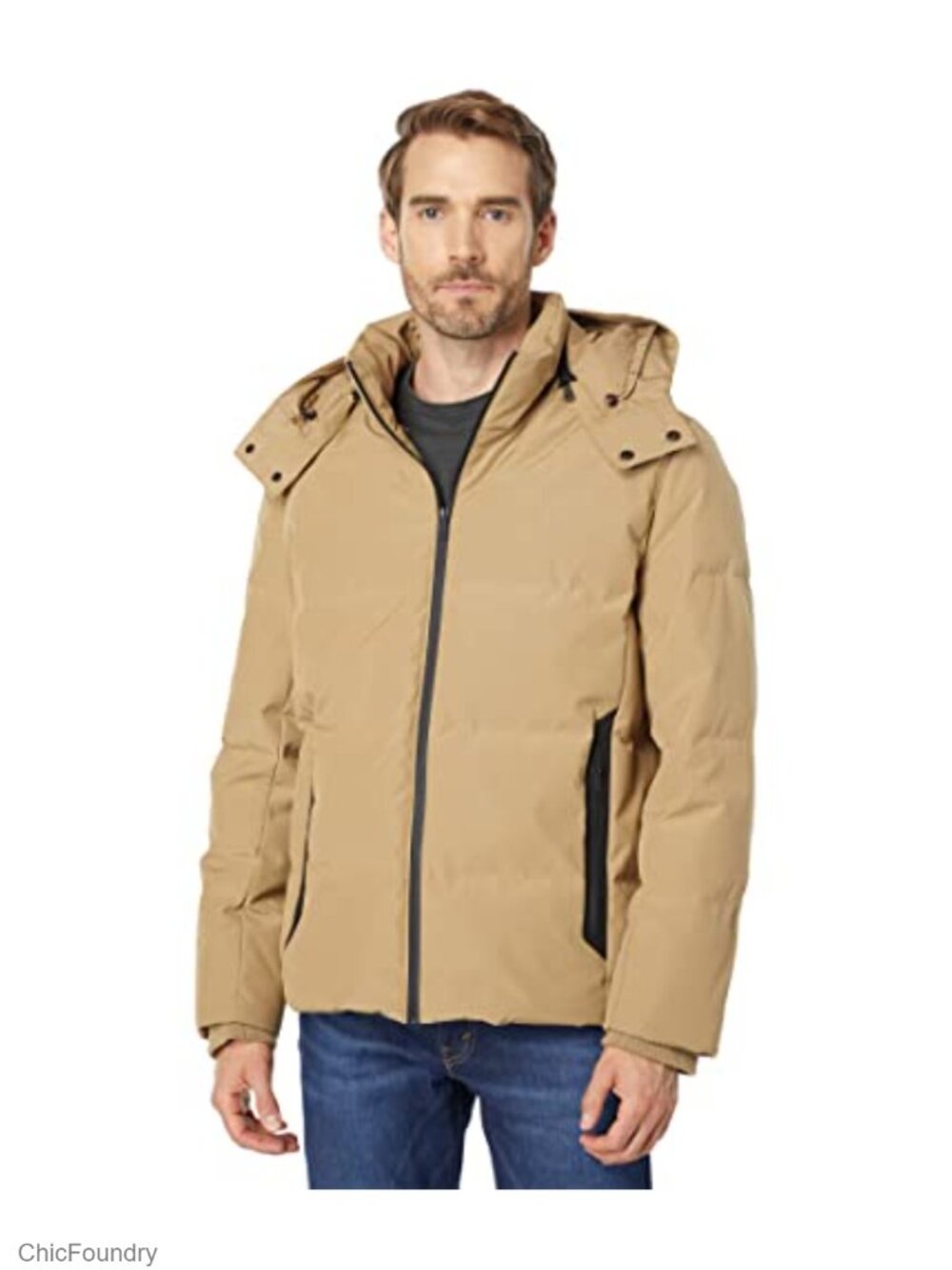 Men's Quilted Down-Alternative Parka with Hood Faux Leather Trim